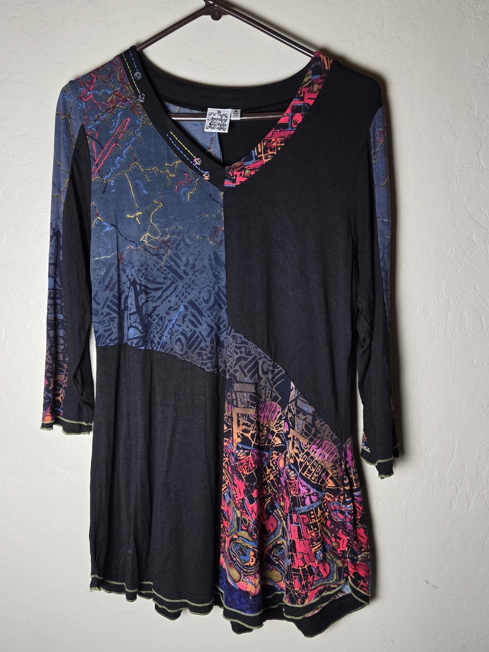Parsley & Sage Black Graphic Panel Tunic Top Blue Pink Size XL